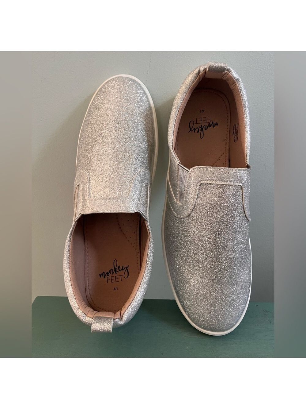 Monkey Feet women’s 41 (US 9.5-10). Silver Glitter Slip-On Sneaker loafers
